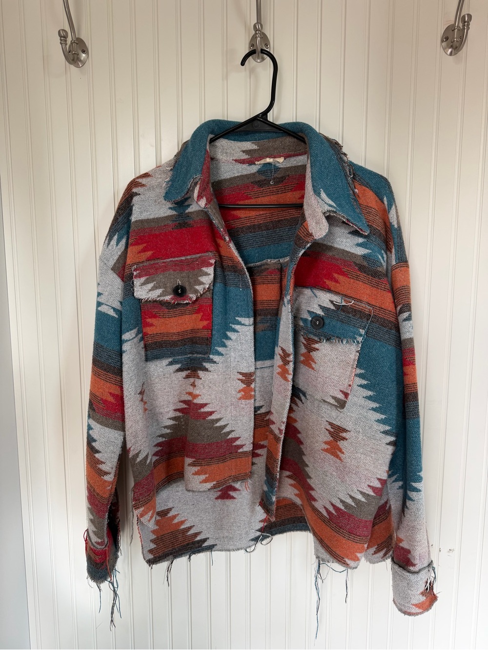 Boho Patterned Button-Front Jacket - Teal, Rust & Gray